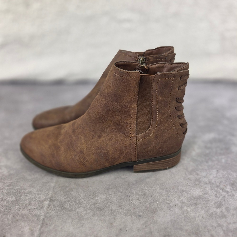 Brown Faux Leather Corset Back Lace Up Ankle Boots Size 8 Almond Toe Booties